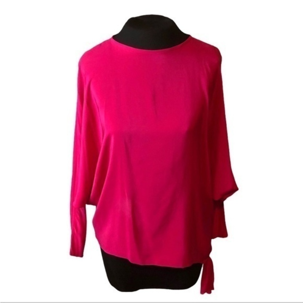 Vintage Tahari Silk Blouse with Side Tie Dolman Sleeve Hot Pink Fuchsia Size 4